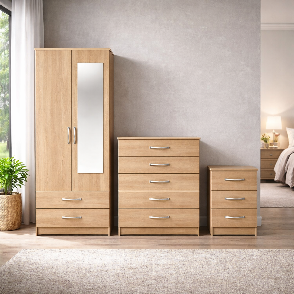 3-Piece Bedroom Furniture Set – Wardrobe + Chest & Bedside | UK