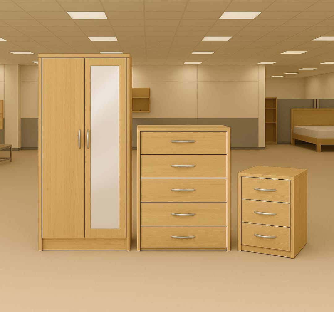 3-Piece Bedroom Furniture Set – Wardrobe with Mirror + Chest & Bedside | UK