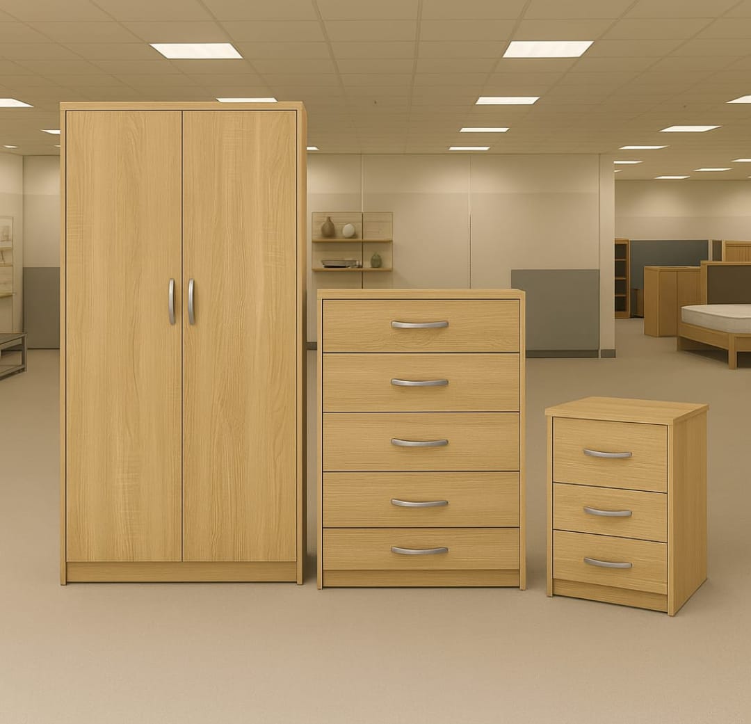 3-Piece Bedroom Furniture Set – Wardrobe + Chest & Bedside | UK Furniture Vally