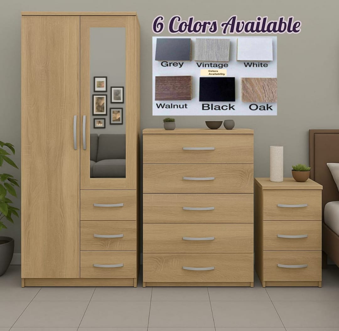 3-Piece 2 Door Comby Bedroom Furniture Set – Wardrobe + Chest & Bedside | UK