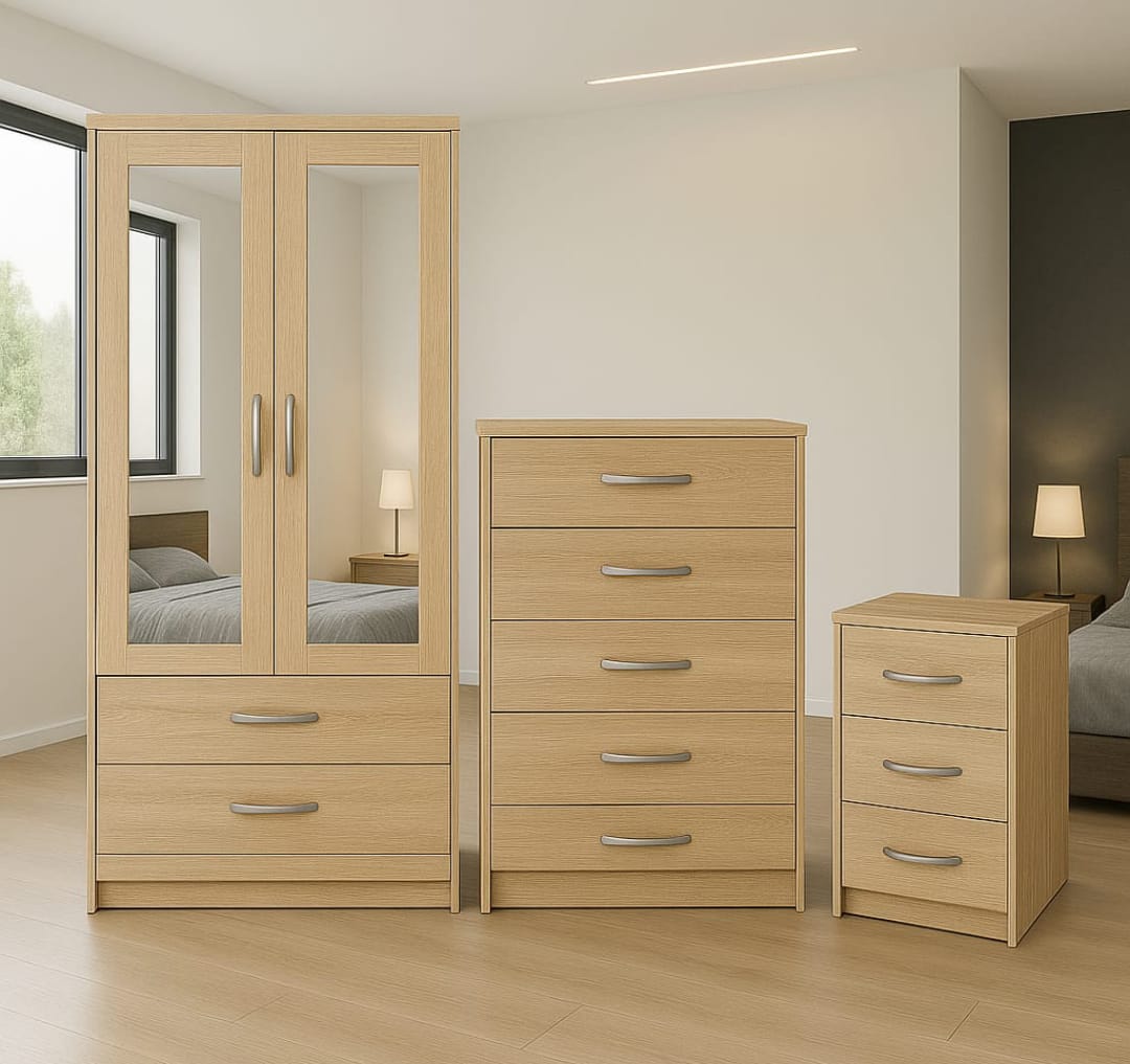 3-Piece 2 Door 2 Mirrors Wardrobe Bedroom Set – Wardrobe + Chest & Bedside | UK