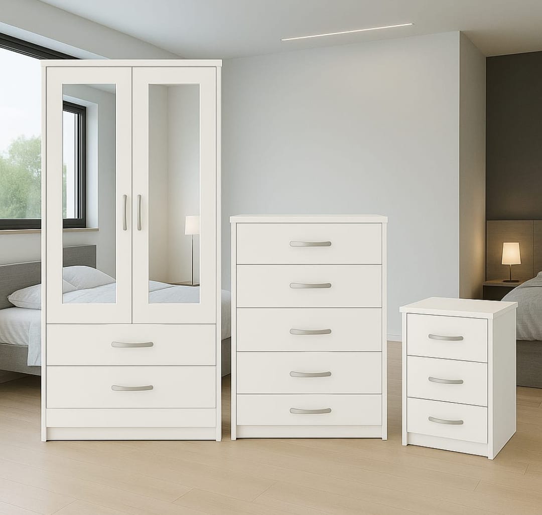 3-Piece 2 Door 2 Mirrors Wardrobe Bedroom Set – Wardrobe + Chest & Bedside | UK