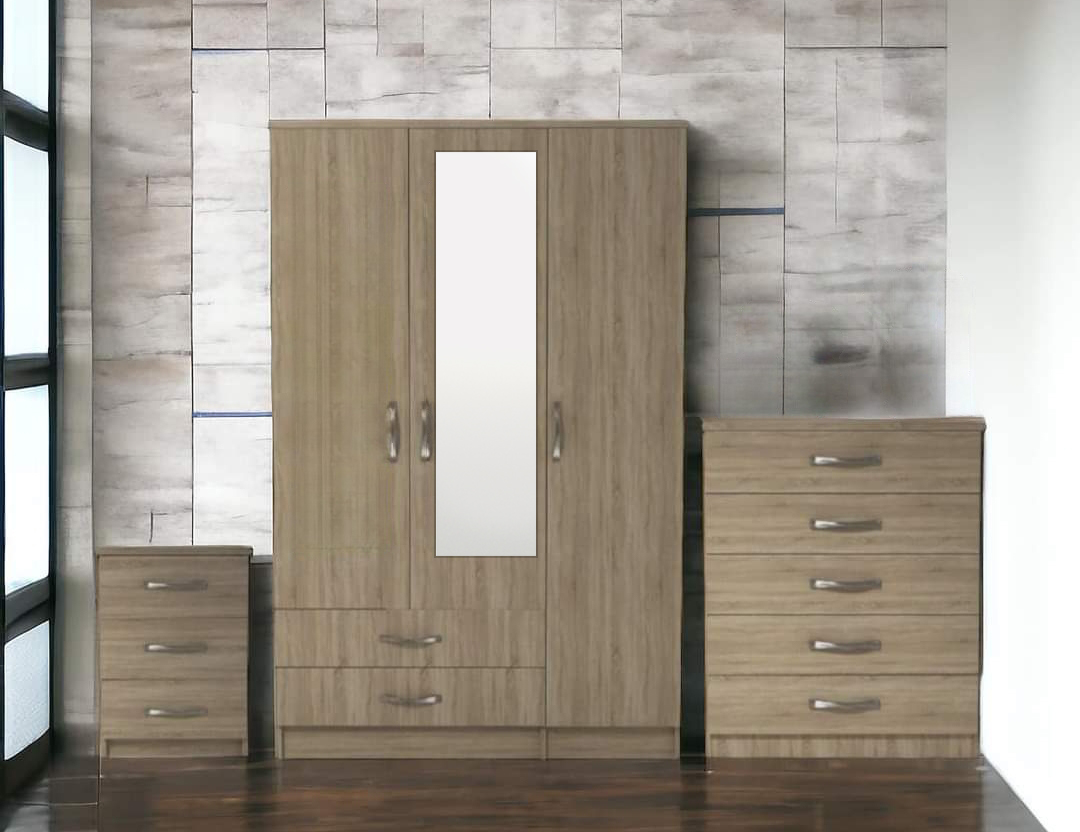 Modern 3-Piece 3-Door Wardrobe Bedroom Set – Wardrobe, Chest & Bedside | UK Storage Furniture