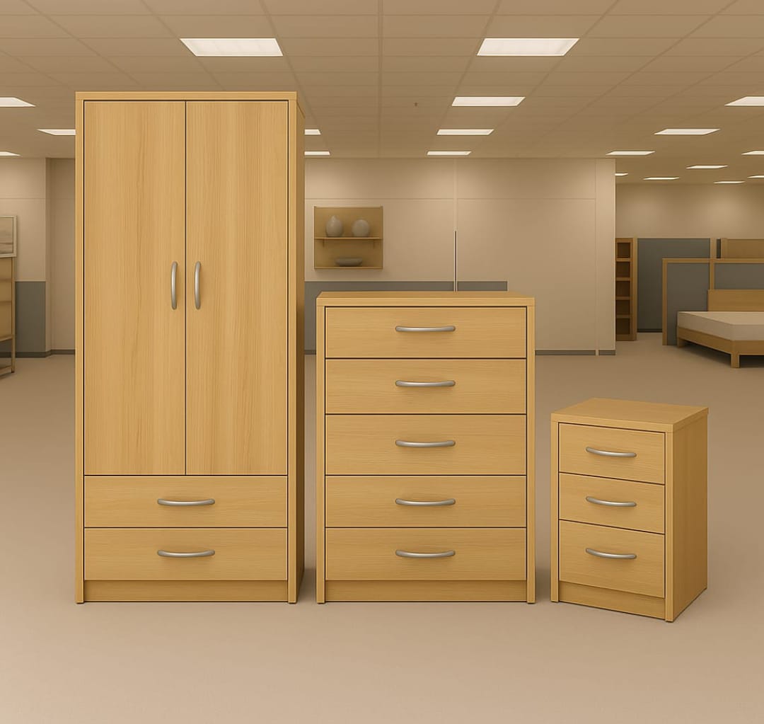 Modern 3-Piece 2-Door Wardrobe Bedroom Set – Wardrobe, Chest & Bedside