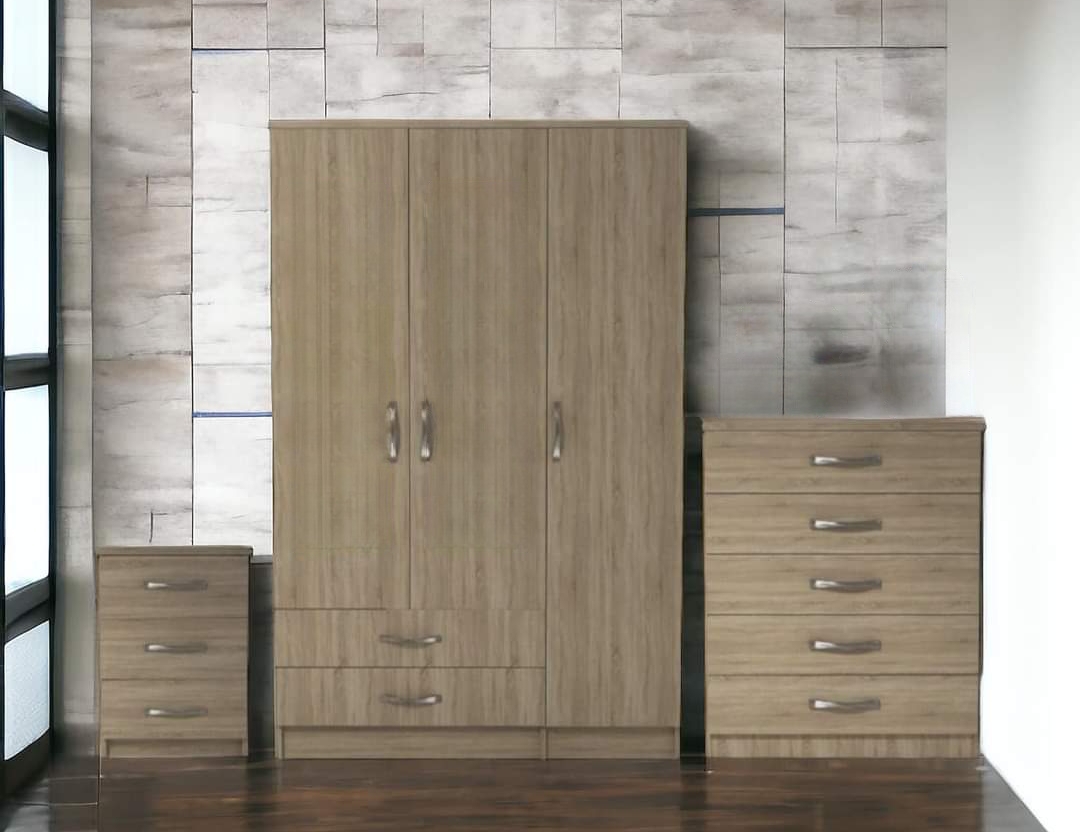 Elegant 3-Piece 3-Door Wardrobe Set – Wardrobe, Chest & Bedside for Bedroom Storage