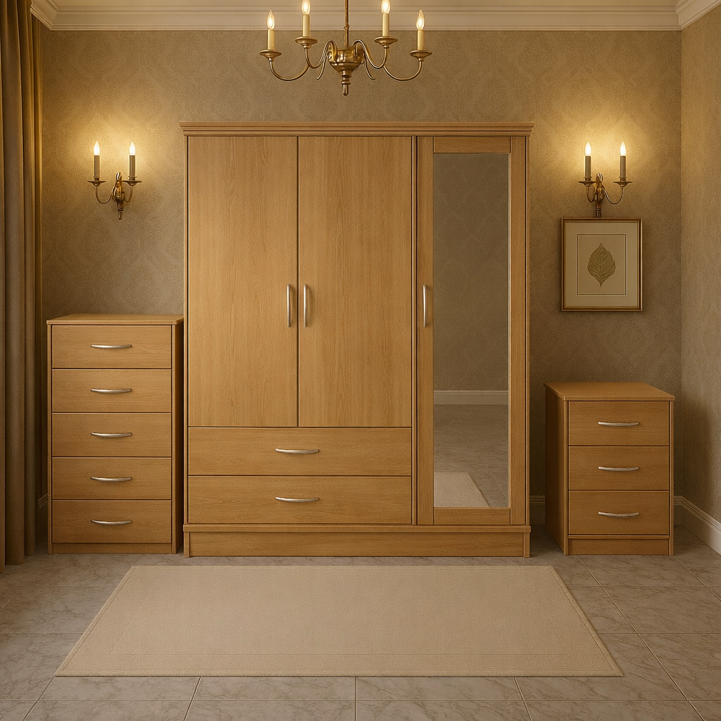 Spacious 3-Door Wardrobe Bedroom Set – Triple Wardrobe + Chest & Bedside | Modern Storage