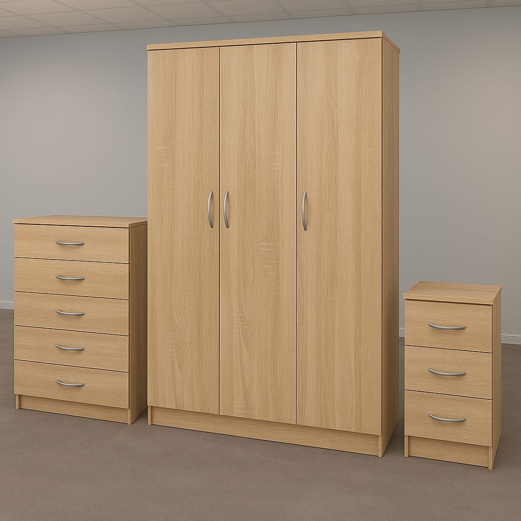 Large 3-Door Wardrobe Set – Wardrobe + Chest & Bedside Table | Bedroom Storage Furniture