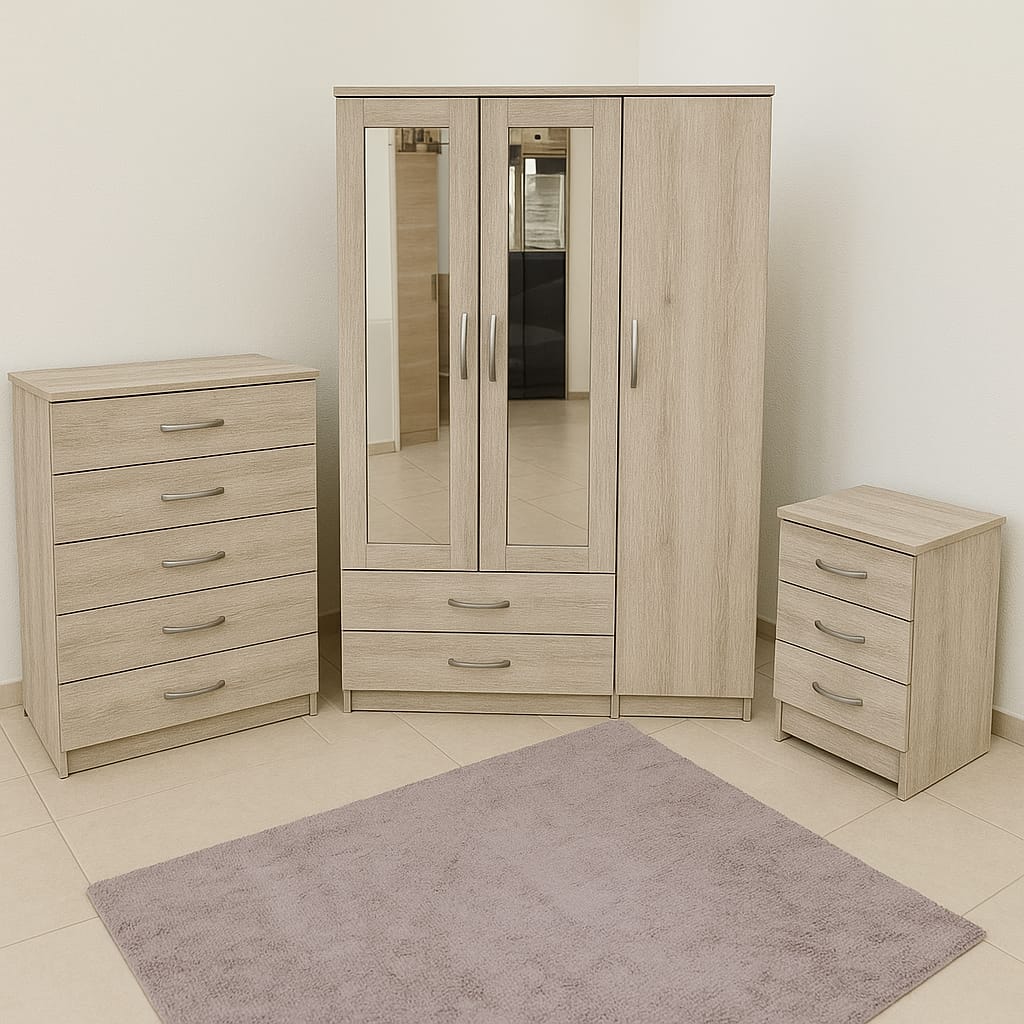 3-Door Mirrored Wardrobe Bedroom Set – Wardrobe with 2 Mirrors, Drawer Storage + Chest & Bedside