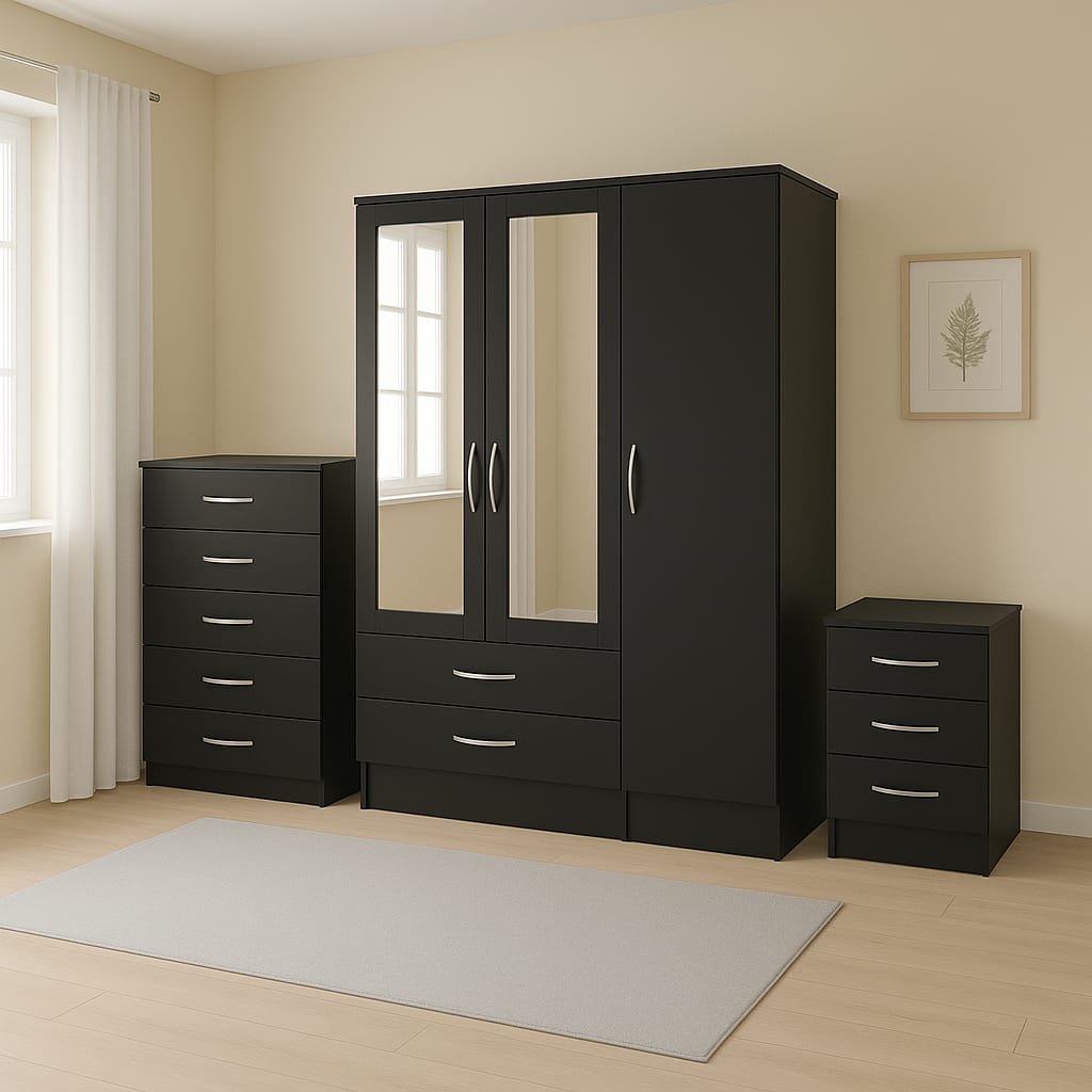3-Door Mirrored Wardrobe Bedroom Set – Wardrobe with 2 Mirrors, Drawer Storage + Chest & Bedside