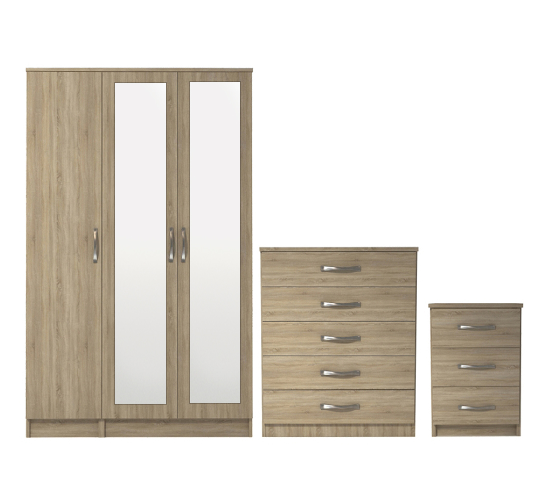 3-Door Mirrored Wardrobe Bedroom Set – Wardrobe with 2 Long Mirrors, Chest & Bedside | Modern Storage
