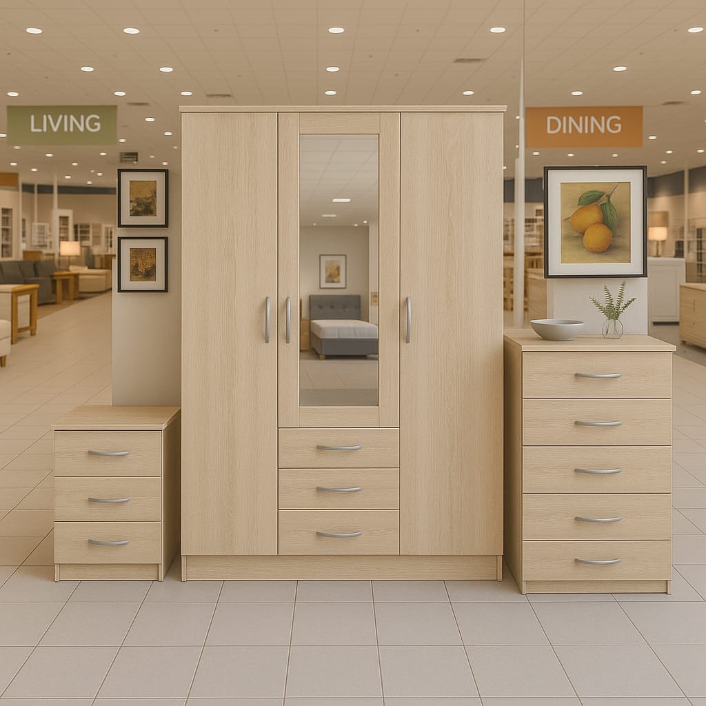 3-Door Mirrored Comb Wardrobe Bedroom Set – Wardrobe with 2 Long Mirrors + Chest & Bedside | Modern Storage Furniture