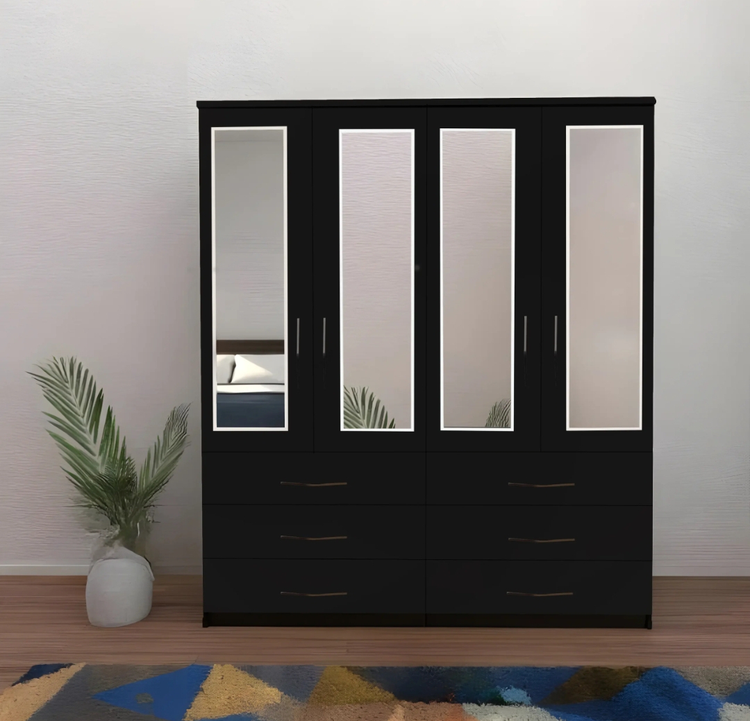 Modern 4-Door Mirrored Wardrobe with Drawers – Large Bedroom Storage Wardrobe