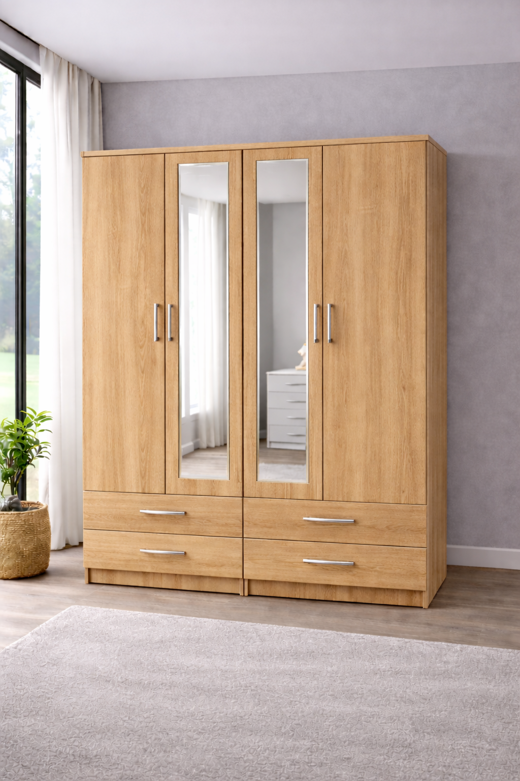 Modern 4 Door Mirrored Wardrobe with 4 Drawers – Large Bedroom Storage Closet