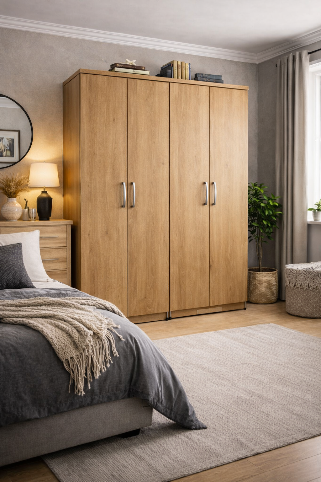 Modern 4 Door Plain Wardrobe – Large Bedroom Storage Closet with Hanging Space