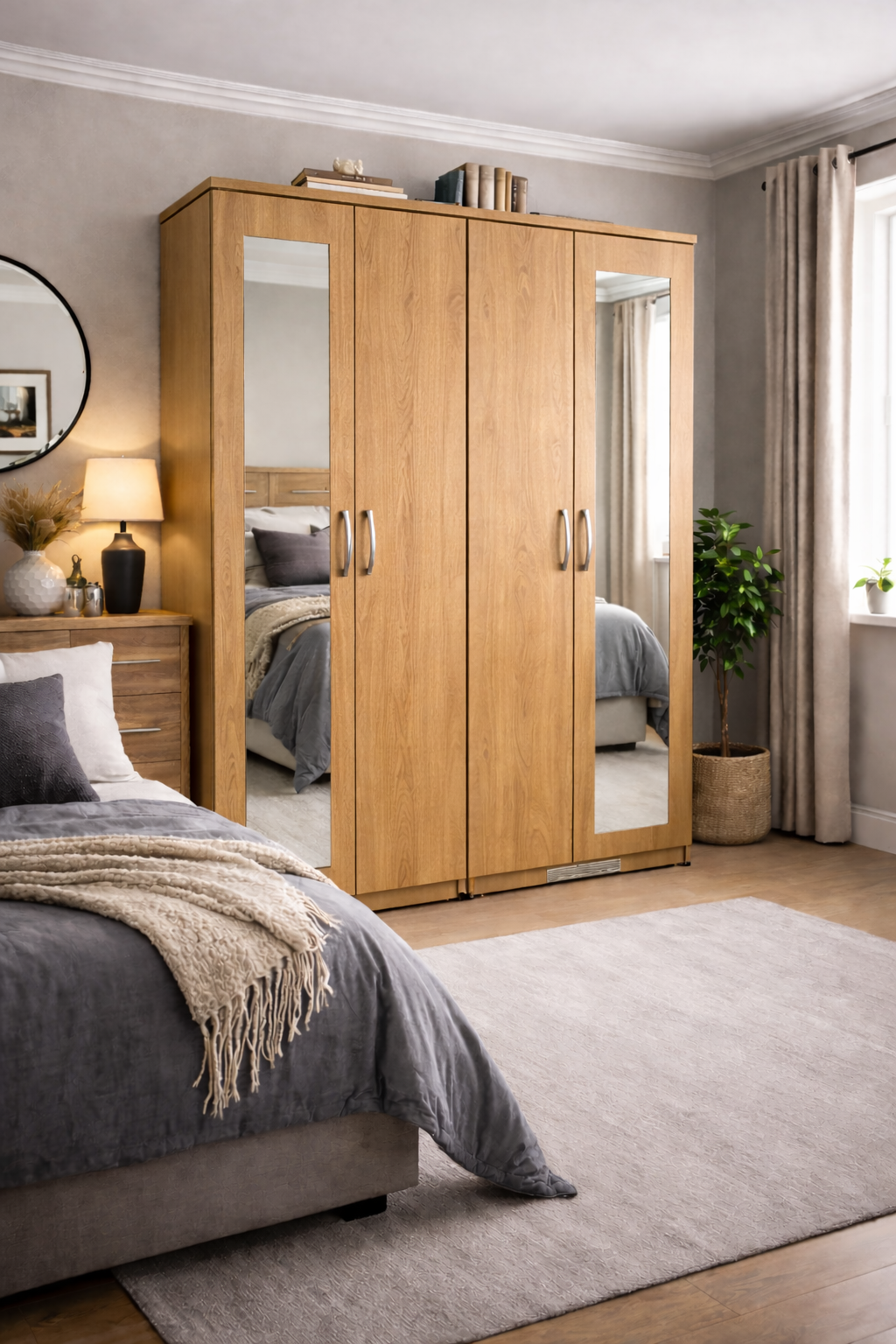 Modern 4 Door Wardrobe with Mirrors – Large Bedroom Storage Closet