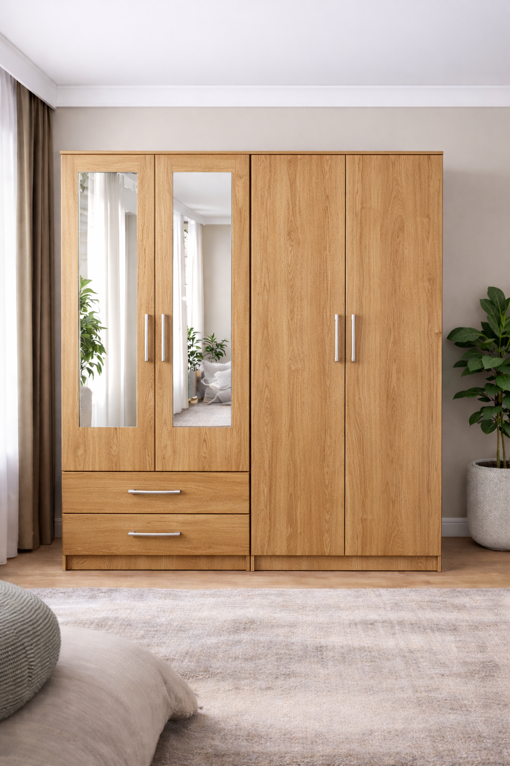 Modern 4 Door Wardrobe with Mirrors & Drawers – Large Bedroom Storage Closet
