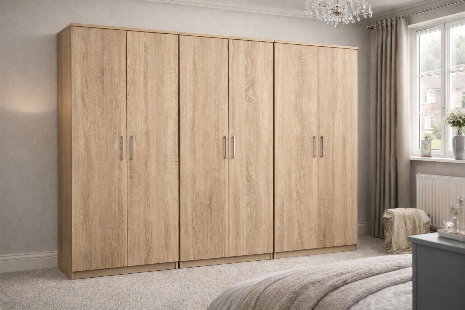 Modern 6 Door Wardrobe – Large Bedroom Storage Closet in Grey, White, Oak, Walnut & Black
