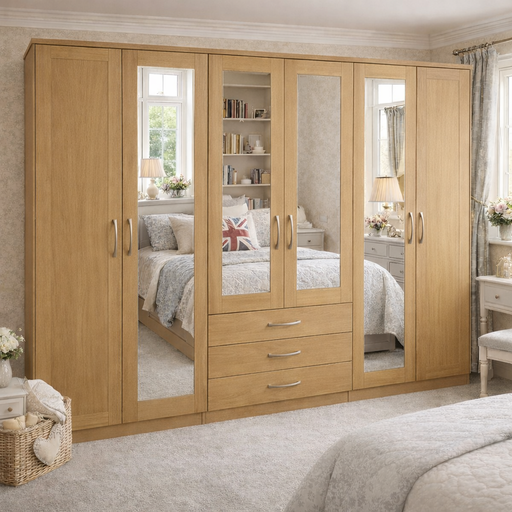 Large 6 Door Mirrored Wardrobe with Bottom Drawers – Modern Bedroom Furniture