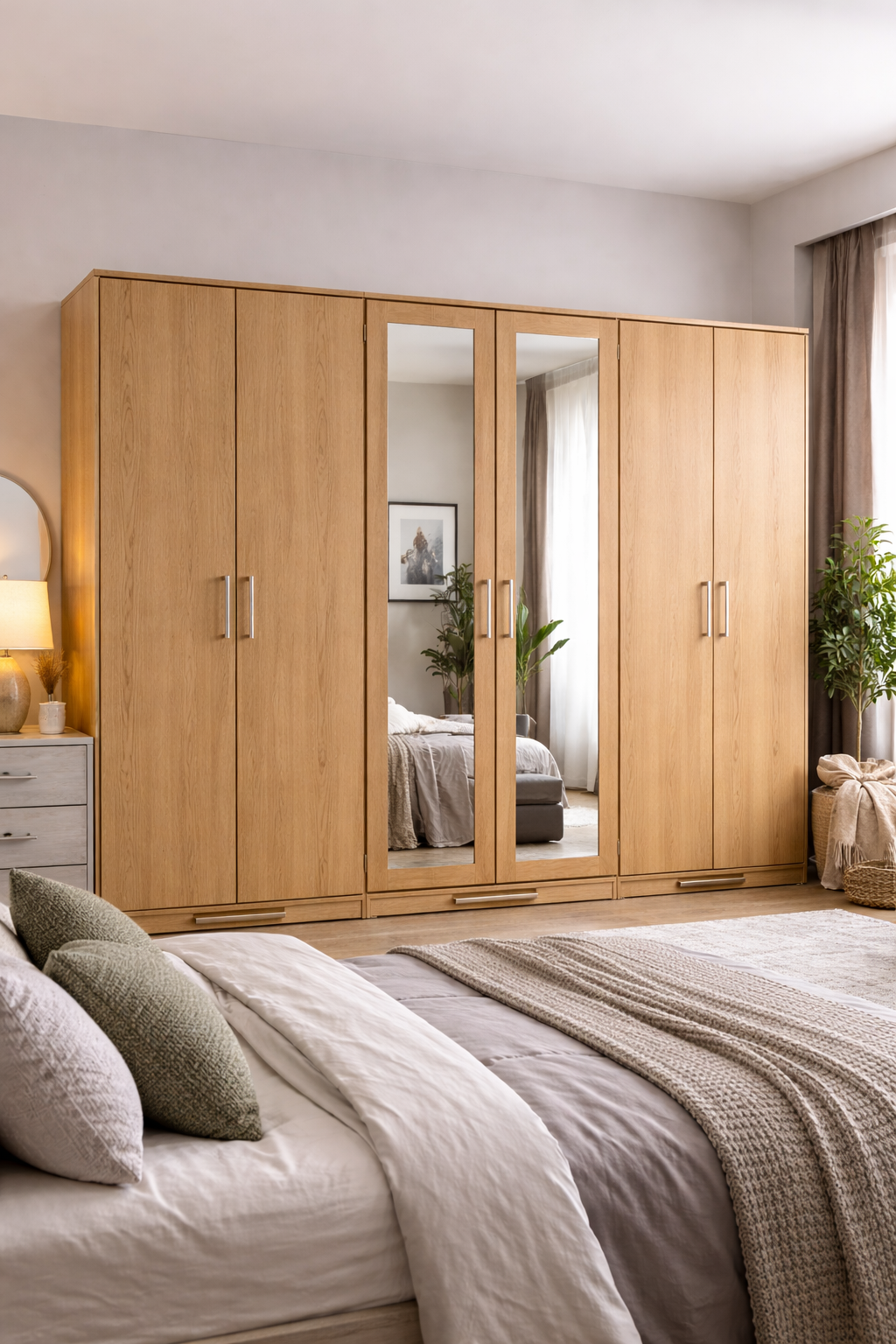 Modern 6 Door Wardrobe with Long Full Mirrors – Large Bedroom Storage Closet