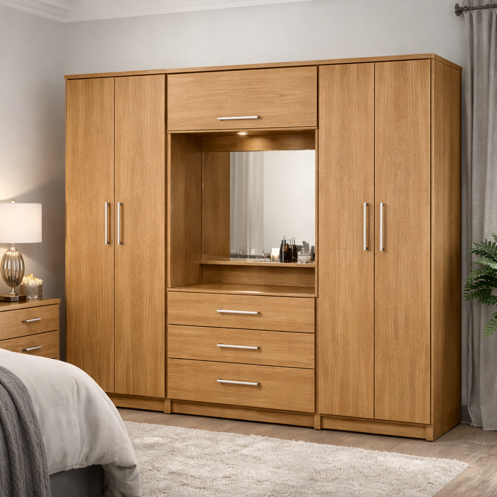 Modern 6 Door Vanity Wardrobe with Mirror and Drawers – Large Bedroom Storage