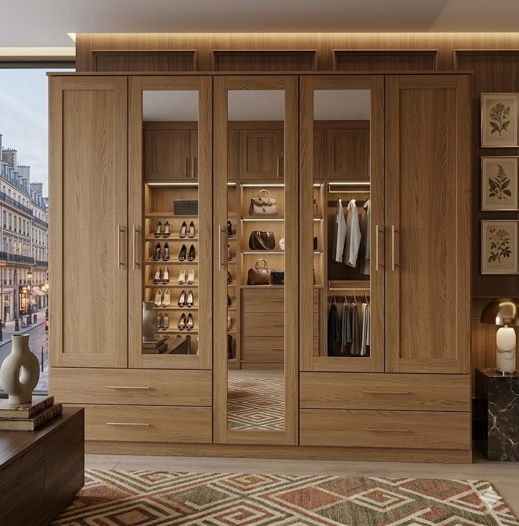 Modern 5 Door Mirrored Wardrobe with Drawers – Large Bedroom Storage