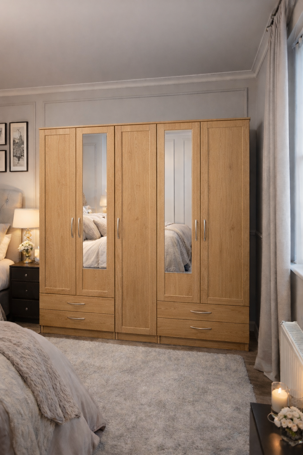 5 Door Mirrored Wardrobe with Drawers – Modern Bedroom Storage (White, Oak, Walnut, Grey)