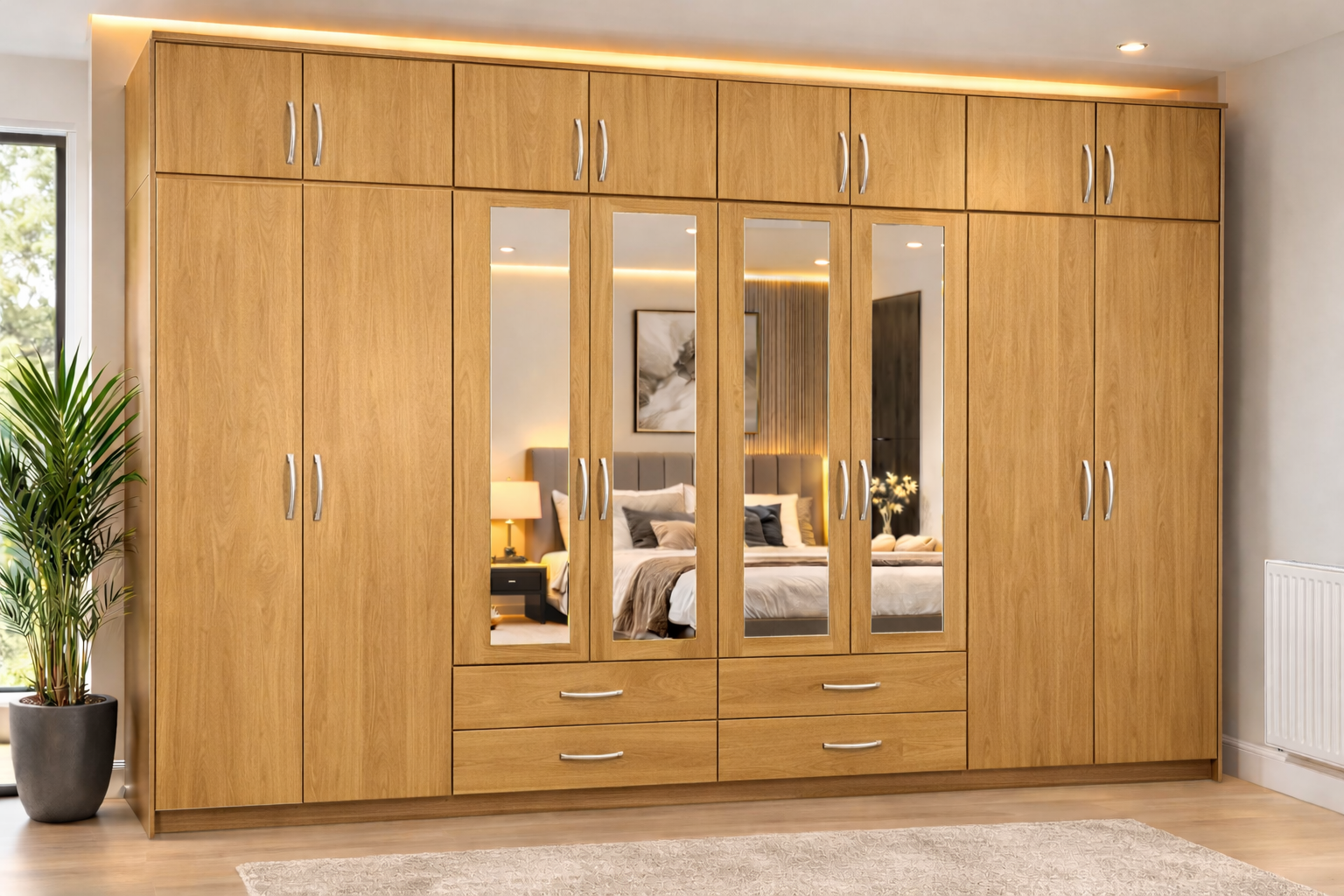 8 Door Wardrobe with Top Boxes, Mirrors and Drawers – Large Bedroom Storage