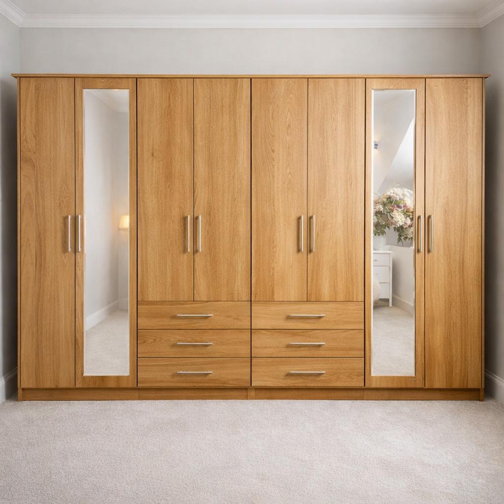 8 Door Wardrobe with Mirrors and Drawers – Large Bedroom Storage Wardrobe