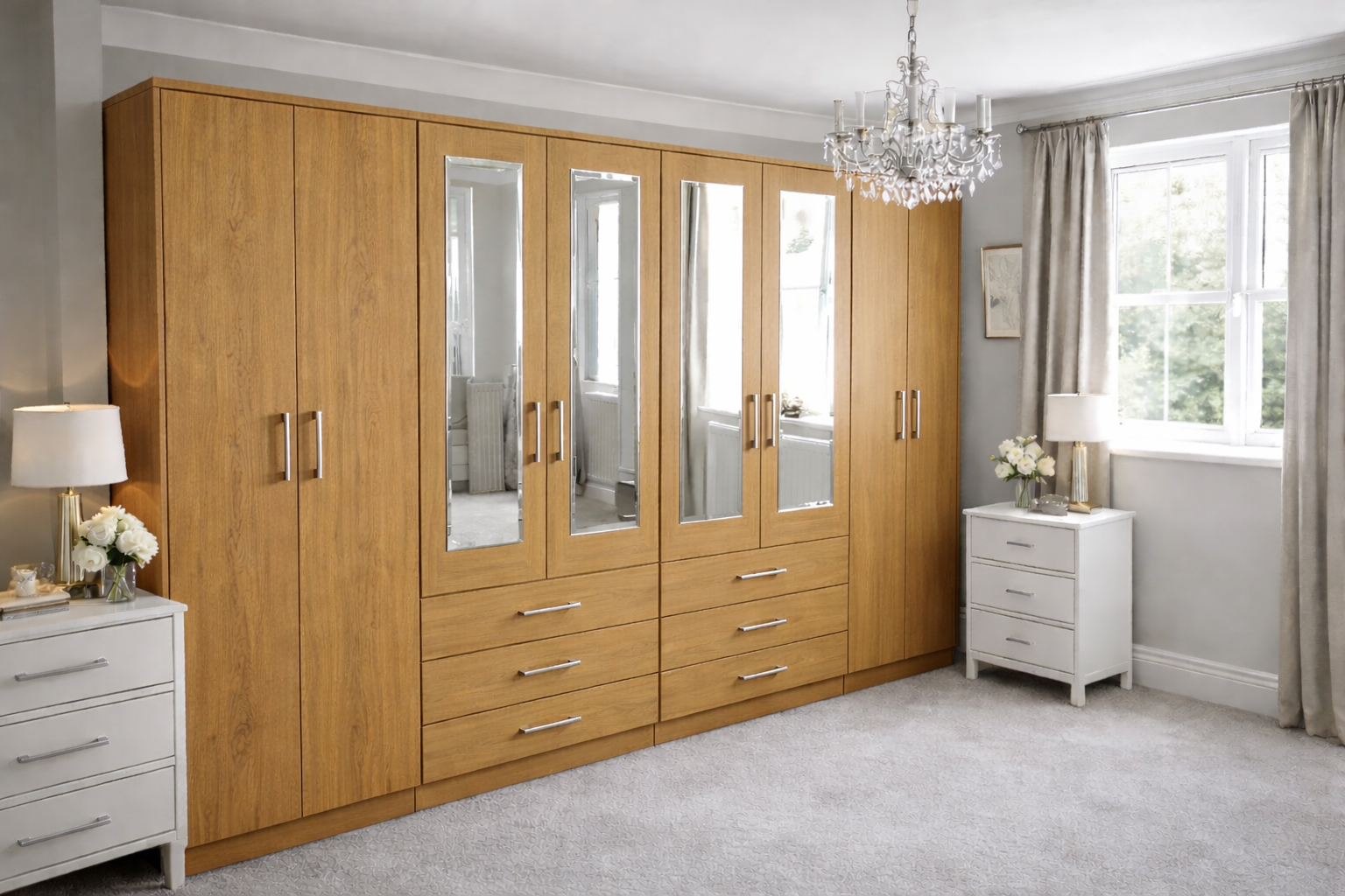 Modern 8 Door Mirrored Wardrobe with Drawers – Spacious Bedroom Storage