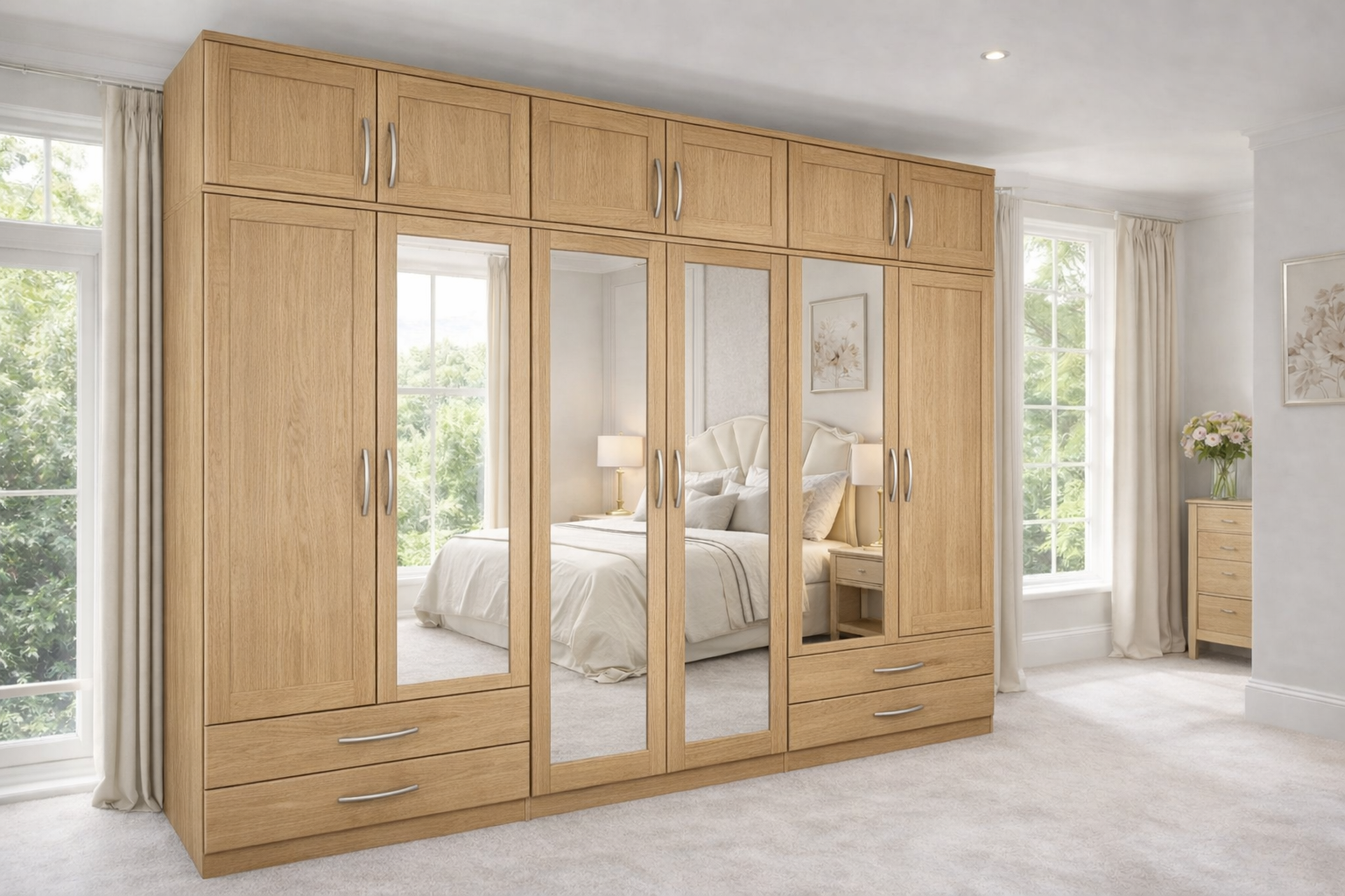 6 Door Wardrobe with Mirrors, Drawers and Top Storage Cabinets – Modern Bedroom Wardrobe