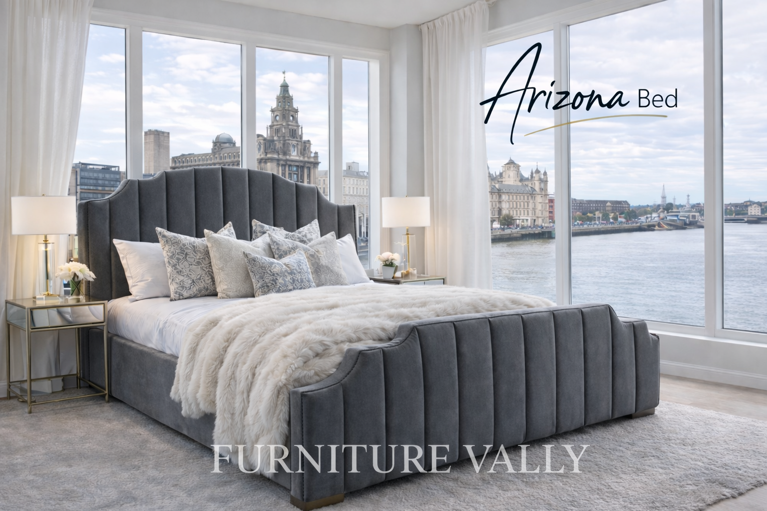 Arizona Fabric Upholstered Bed with High Headboard – Luxury Bed Frame