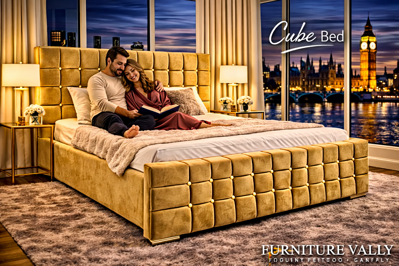 Cube Bed Luxury Velvet Upholstered Bed Frame UK