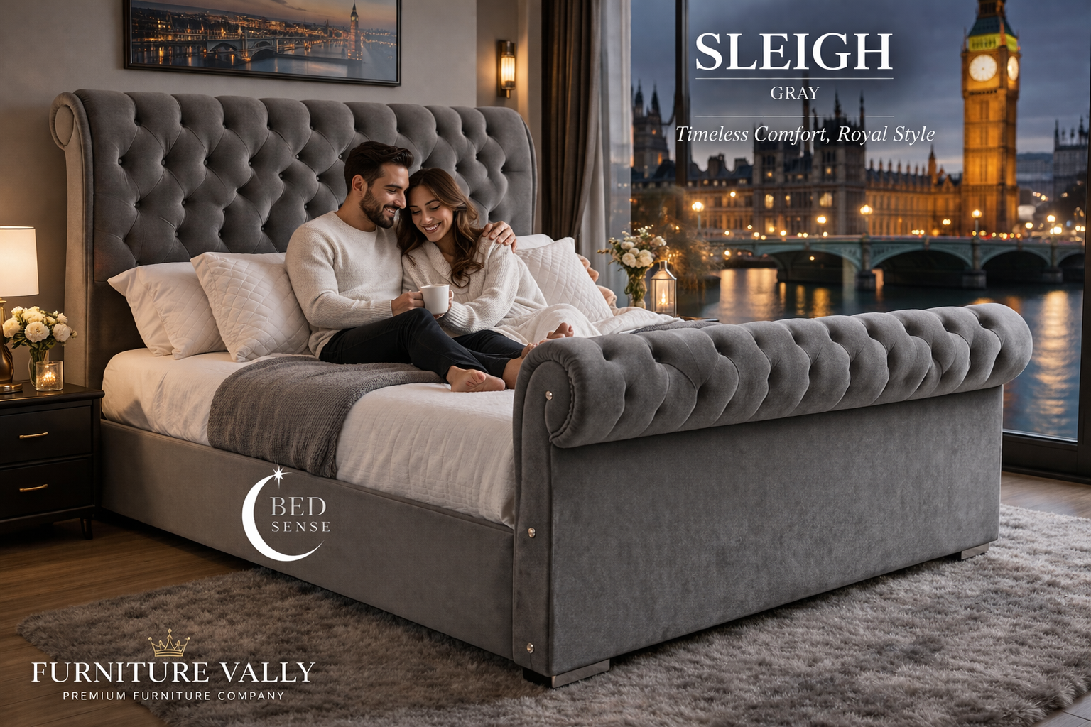 Sleigh Bed – Luxury Curved Upholstered Velvet Bed Frame UK
